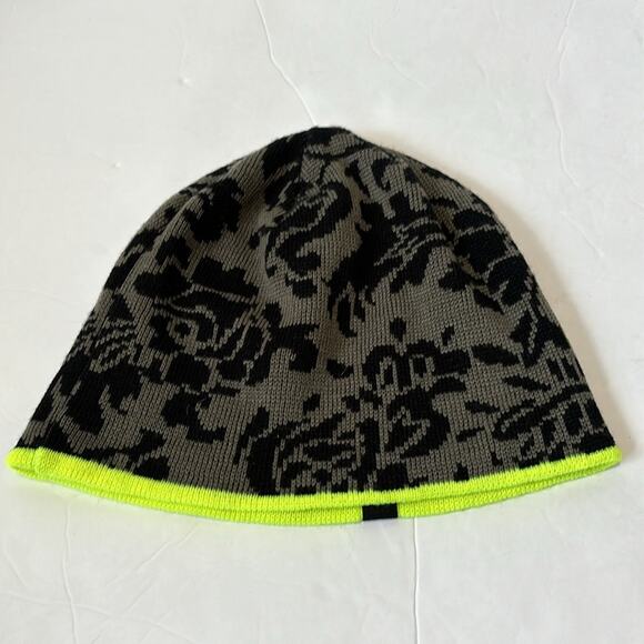 Chaos Super Soft Beanie Black Floral Pattern on Gray Trimmed in Neon Green - Picture 2 of 6